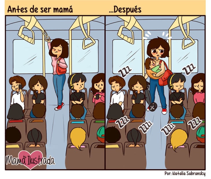 ilustración del antes y después de una mamá en el autobús 