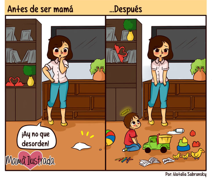 Ilustración de una chica antes y después de ser mamá 