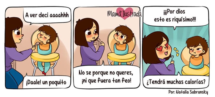 Ilustración de una mamá dando de comer a su hijo 