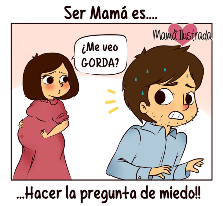 ilustración de una mujer embarazada preguntando a su esposo que si se ve gorda 