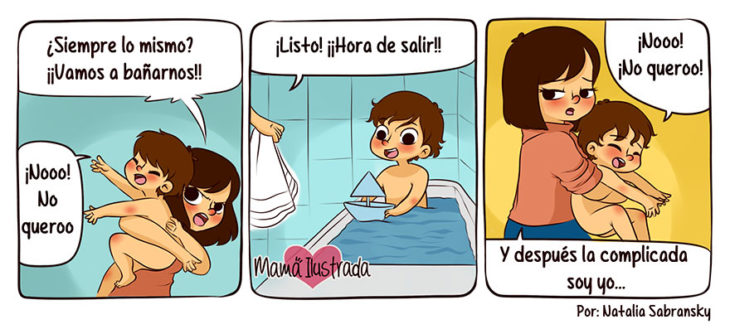 Ilustración de una mamá intentado bañar a su hijo 