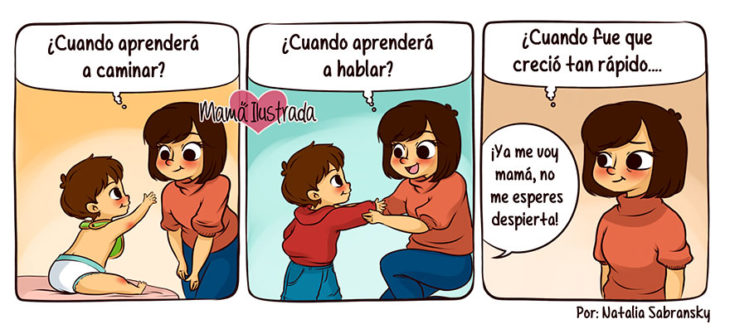 Ilustración de una madre viendo las diferentes etapas de su hijo 