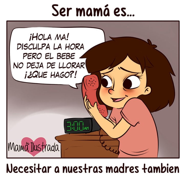 ilustración de una mujer preguntándole a su mamá como cuidar a su hijo