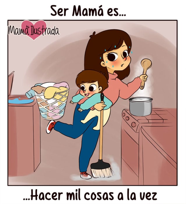 ilustración de una madre haciendo de comer y cuidando a su hijo 