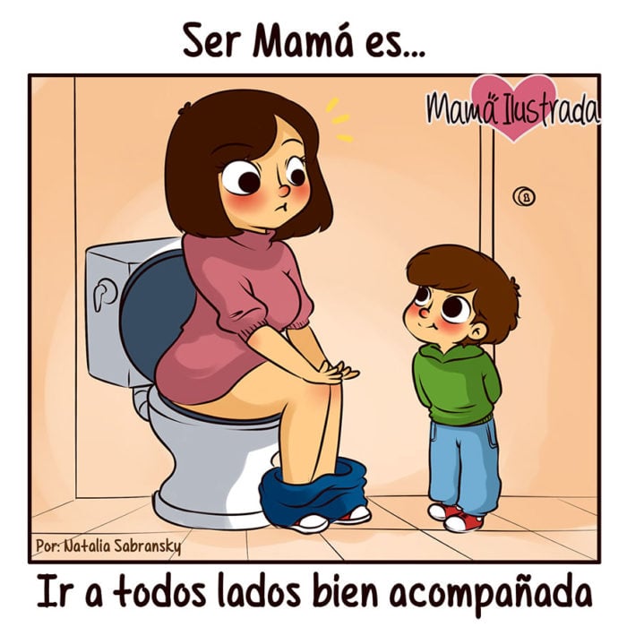 ilustración de una mamá en el baño frente a su hijo 