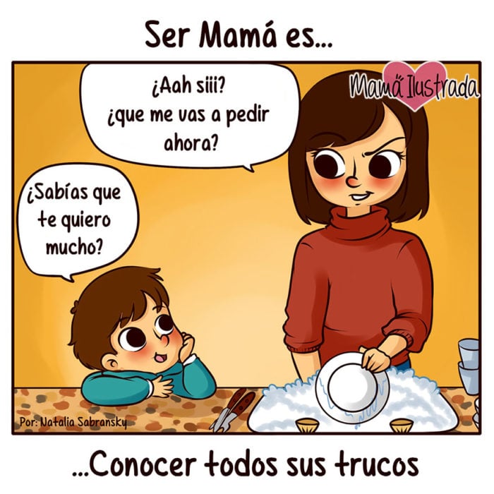 Ilustración de un niño viendo a su mamá lavar trastes 