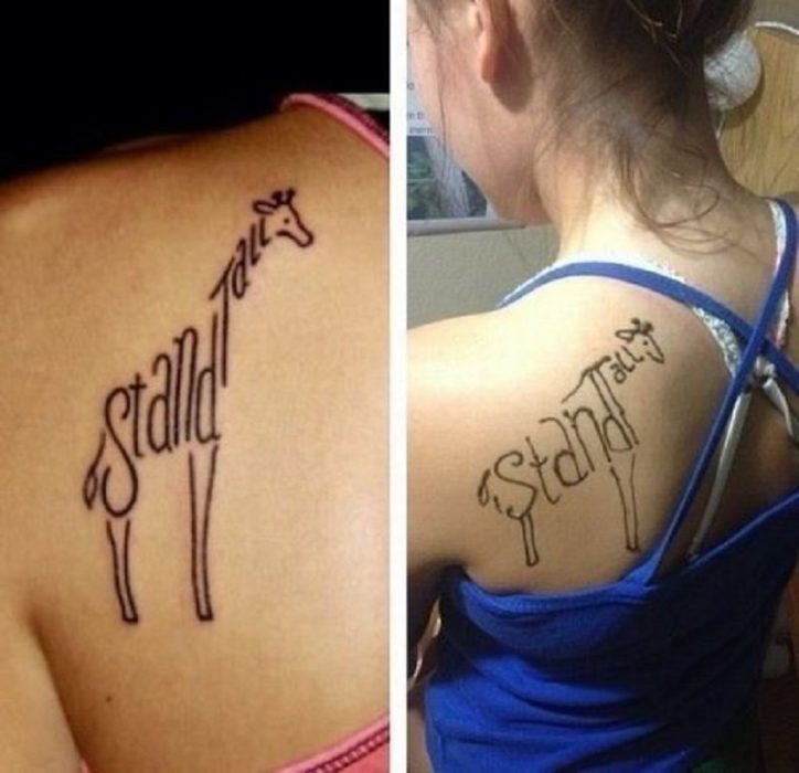 mujer que le dejan mal un tatauaje de su jirafa en la cabeza