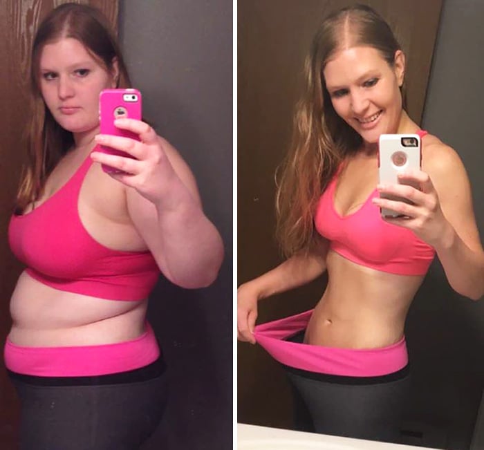mujer que perdió bastantes kilos y se siqgue poniendo la misma ropa para probar cuanto ha cambiado
