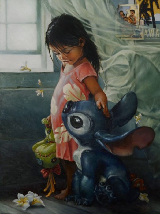 pintura clásica de los personajes de la película de disney Lilo y Stitch