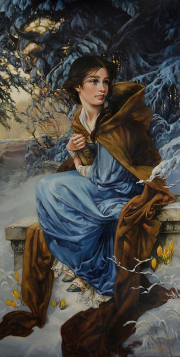 ilustración de la pintura en óleo de Bella la protagonista de la película de la bella y la bestia 
