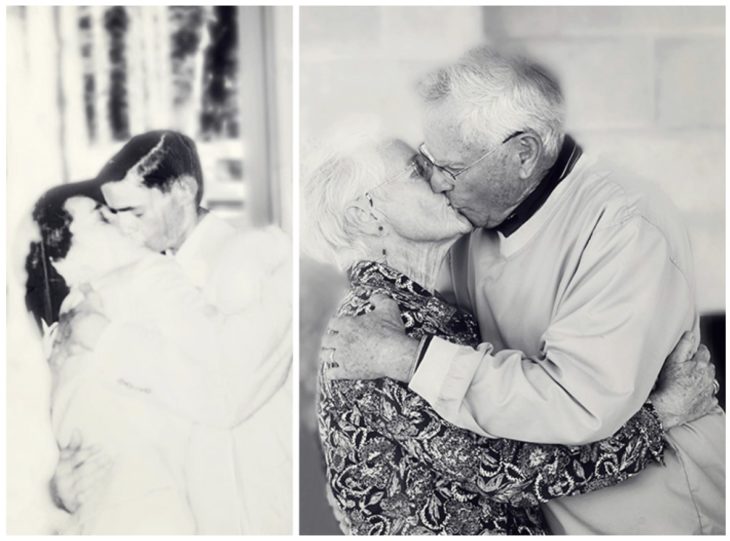 ANTES. Boda beso. AHORA. Abuelos se besan 60 años después