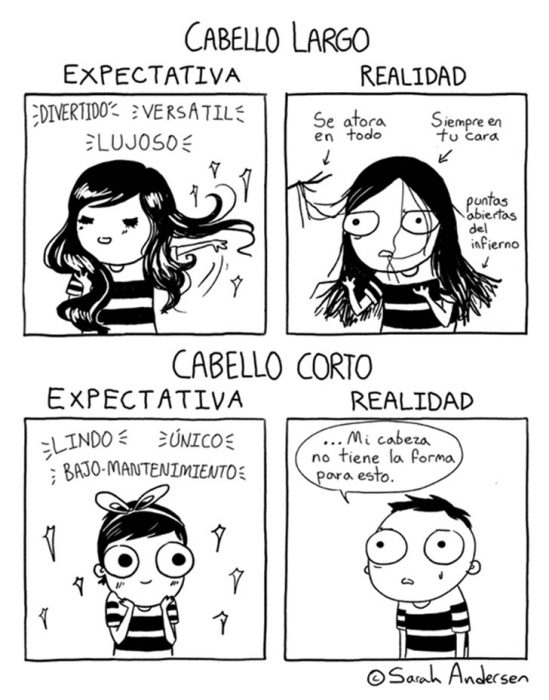 Ilustraciones Sarah Andersen. Cabello expectativa/realidad