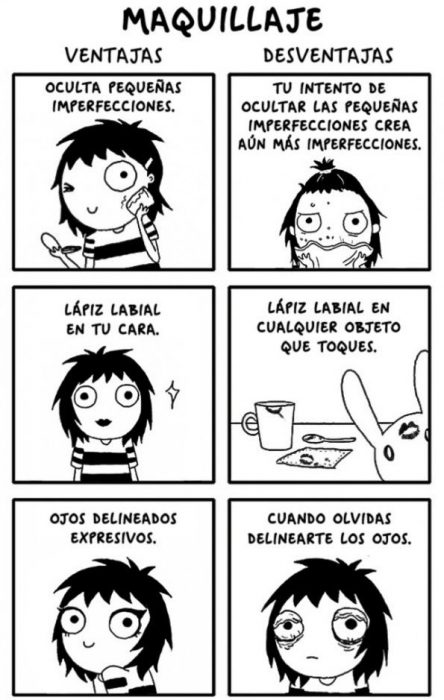 Ilustraciones Sarah Andersen. Maquillaje, ventajas y desventajas. 