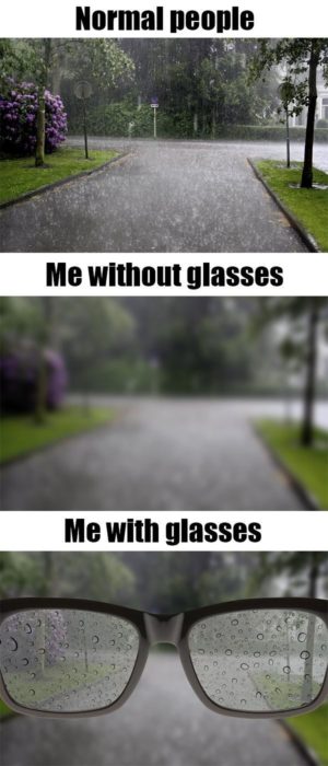 Imagen que muestra la diferencia entre la visión en la lluvia de las personas que no necesitan lentes, las que usan lentes cuando no los traen y las que usan lentes cuando usan sus lentes en la lluvia