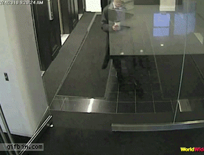 GIF de hombre que se estampa en una puerta de vidrio y derrama todo su café