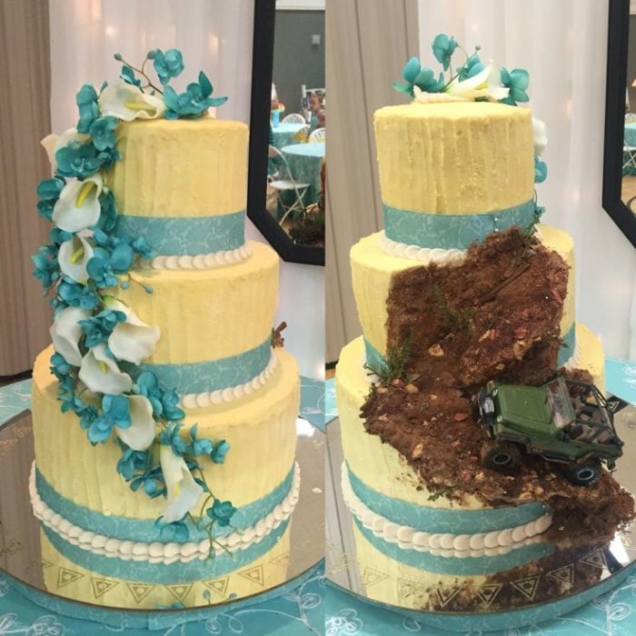 pastel de boda amarillo con pedazo estilo todo terreno