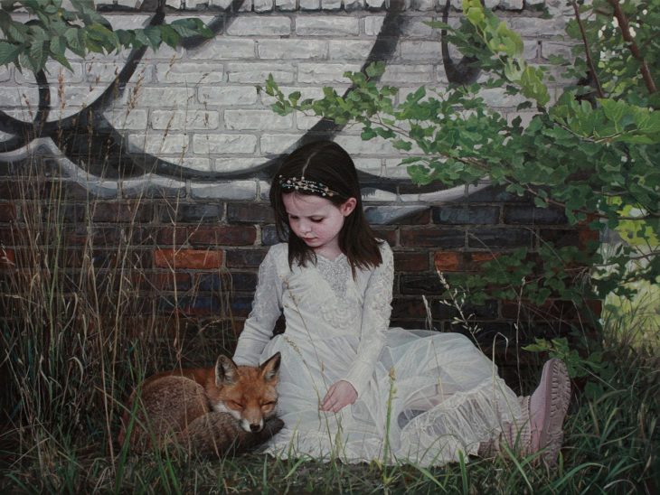 pintura hiperrealista niña y zorro