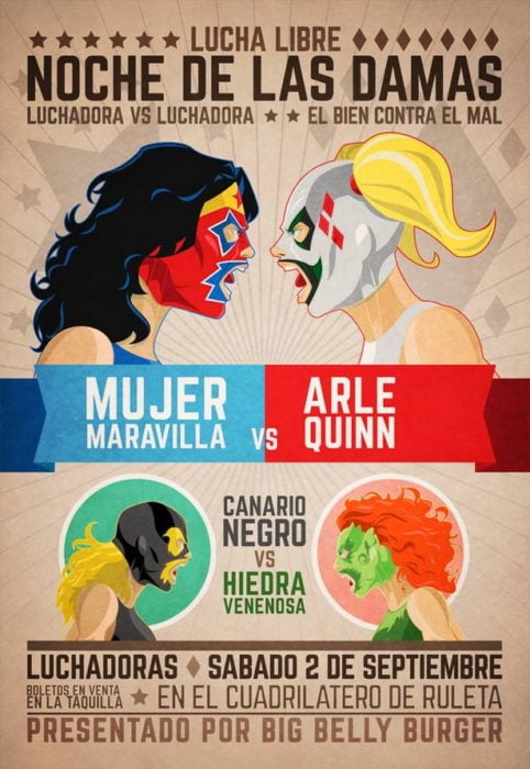 Cartel de lucha libre con personajes de cómics