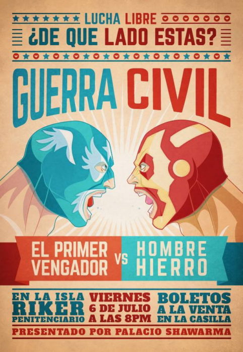 Cartel de lucha libre con personajes de cómics. Iron man vs Capitan america