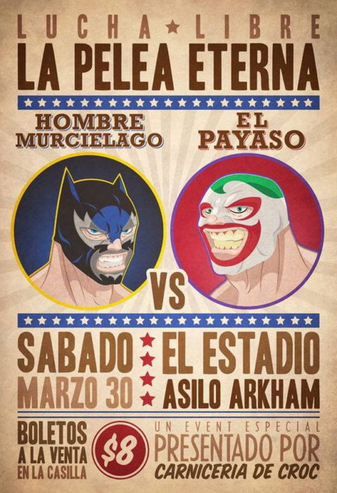 Cartel de lucha libre mexicana con personajes de cómics. El hombre murciélago vs. El payaso