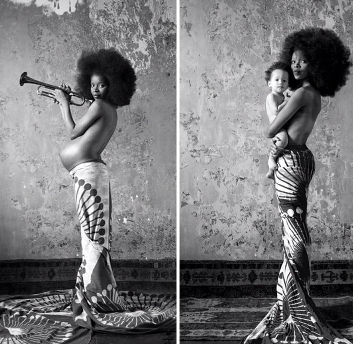 Embarazada con afro y trompeta