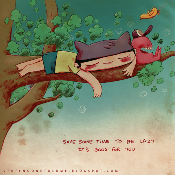 Dibujo de niño acostado arriba de un árbol. Ilustración de Alex Noriega