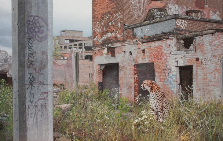 pintura hiperrealista niña y animal en la ciudad