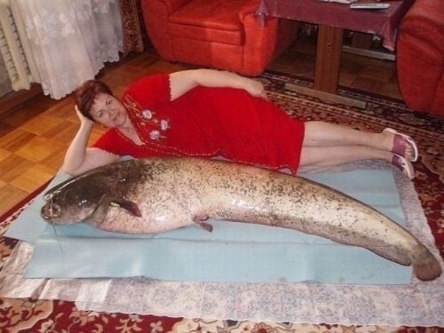 Señora recostada en el piso con un pez gigante a su lado