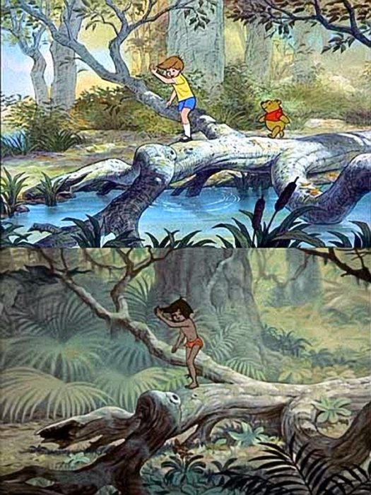 Imagen arriba de Winnie Pooh y la de abajo de El Libro de la Selva; es el mismo paisaje sólo que arriba es en un bosque y abajo es en una selva