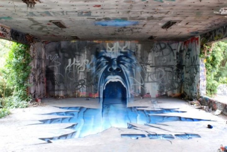 Graffitti de un hombre gritando y de su interiro sale agua