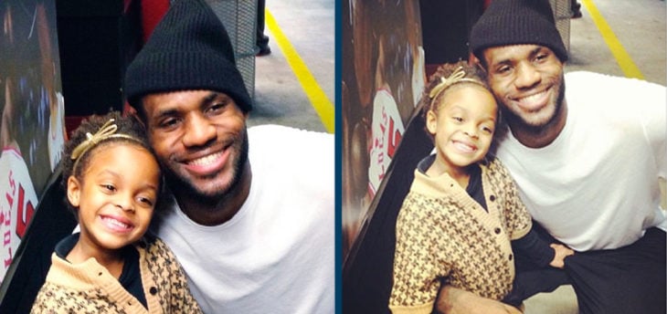 Fotos recortadas: En la primera foto se ve James Lebron con suhija, en la foto completa se ve que su hija está agarrando su entrepierna