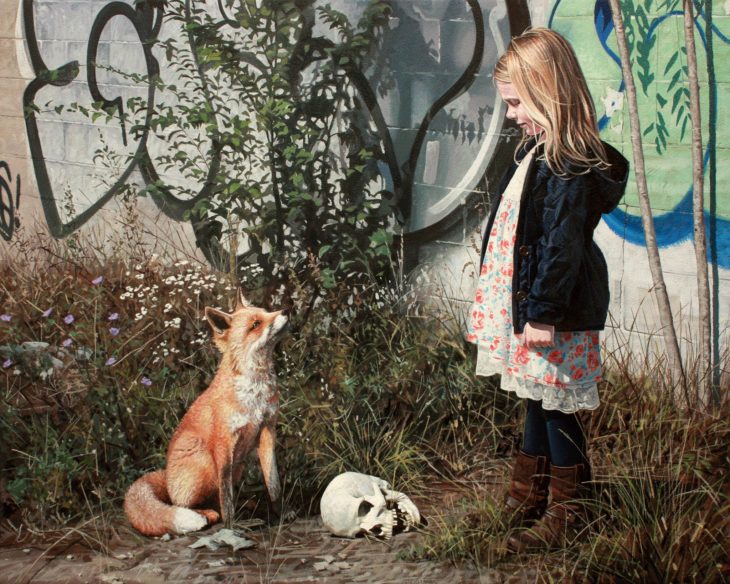 pintura hiperrealista niña craneo y zorro