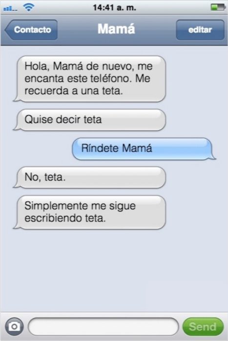 Mensaje entre padres e hijos: Mamá manda mensaje diciendo que le gusta su nuevo teléfono, que le recuerda a una teta