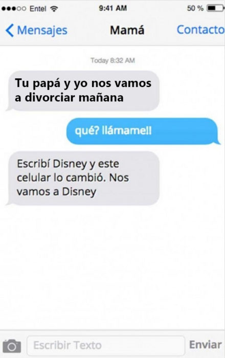 Mensaje entre padres e hijos: Mamá manda mensaje diciendo que su papá y ella se van a divorciar, en lugar de decir Disney