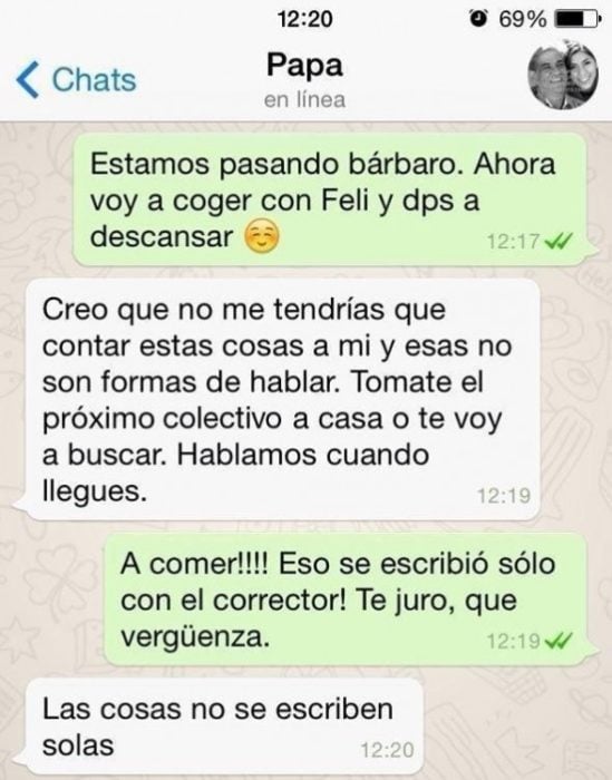 Mensaje entre padres e hijos: Hija le manda un mensaje a su papá pero el autocorrector escribe coger en lugar de comer y el papá se enoja