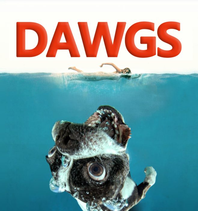 Photoshop en lugar de Jaws la foto de un perro y dice Dawgs