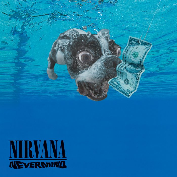 Photoshop perro sumergido en agua con la portada del disco de Nirvana