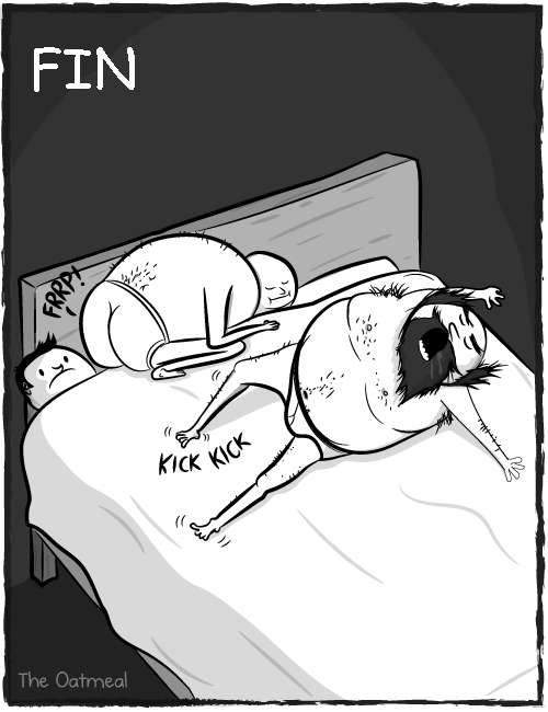 Ilustraciones Matthew Inman, si mis perros fueran dos hombres de mediana edad: Los hombres durmiendo en la cama con el dueño poniendo su trasero en su cara