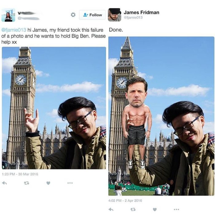 Fotografía manipulada con photoshop, antes y después. Jóven en el Big Ben