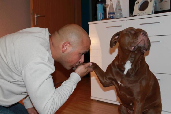 hombre besando la pata de un perro