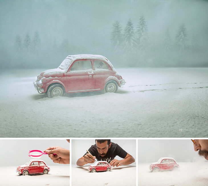 detrás de cámaras fotografía carro miniatura