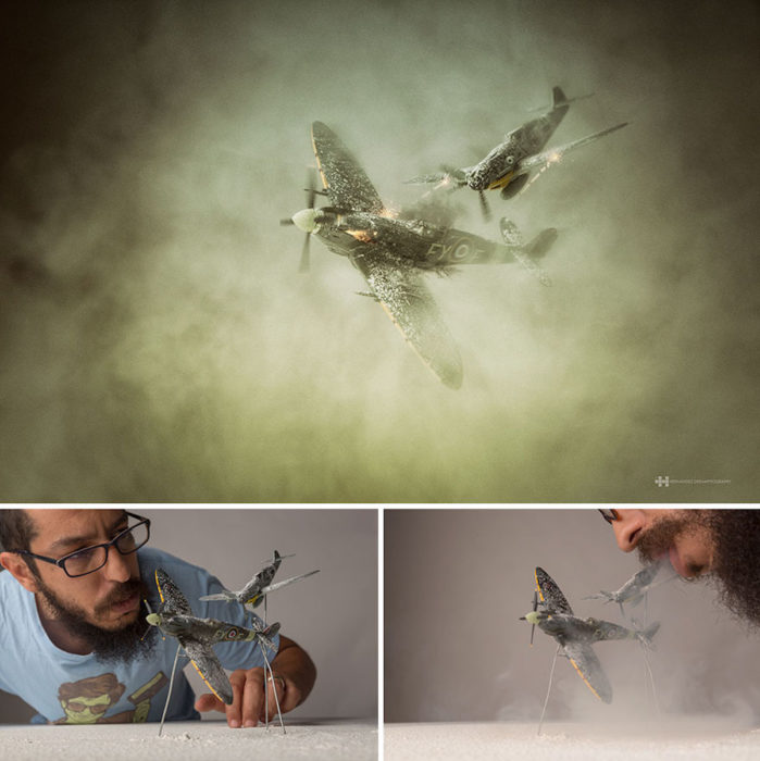 detrás de cámaras fotografía miniatura avionetas