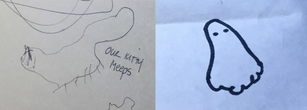 dibujo de gato y fantasma hecho por un niño