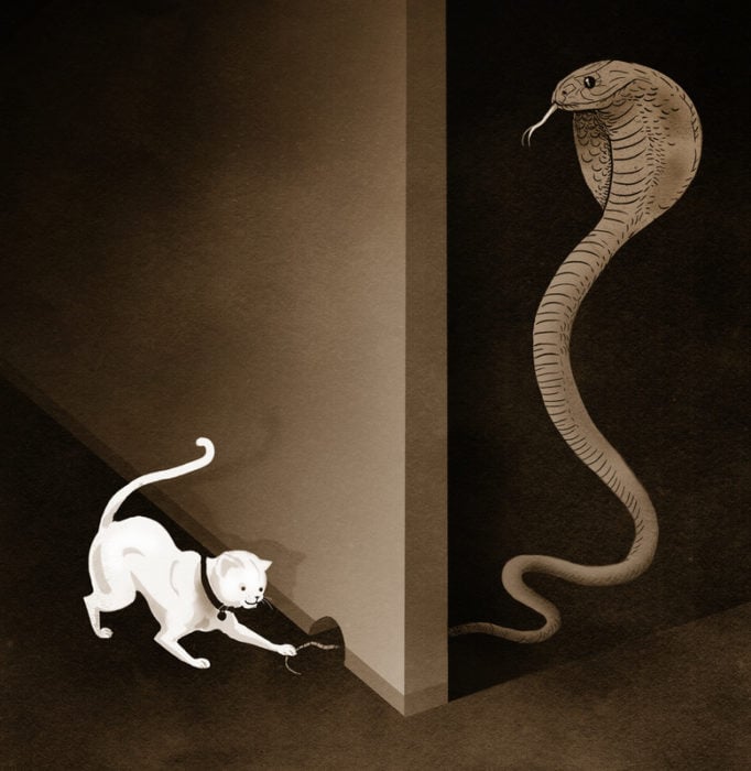 ilustración de un gato molestando a una serpiente