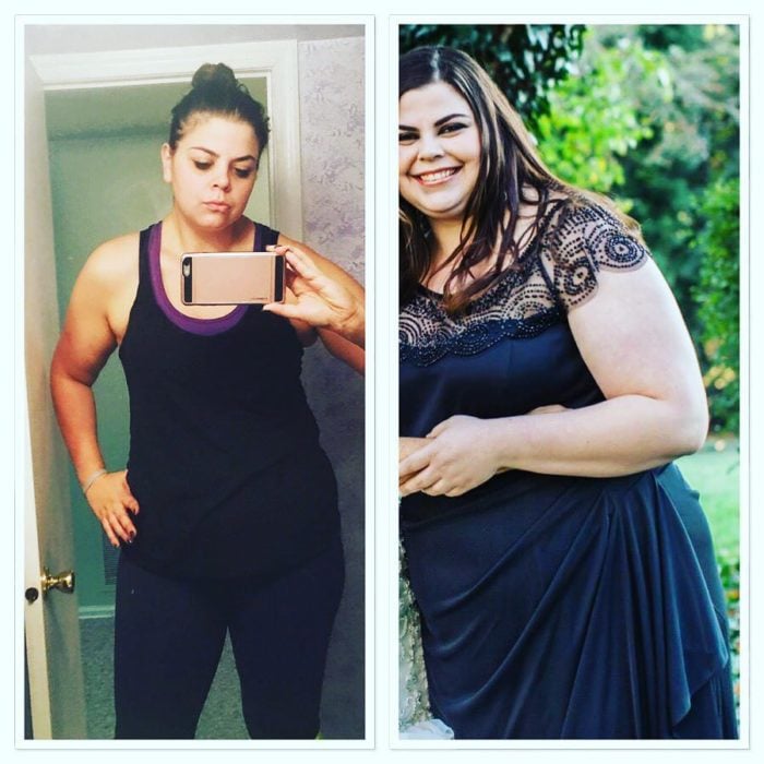mujer vestida de negro antes y después de perder peso