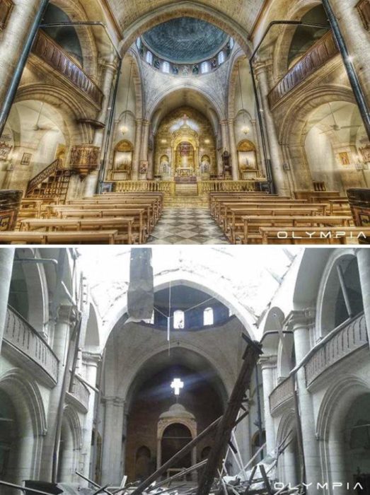 Aleppo, Siria. foto del interior de una iglesia antes y despues de la guerra