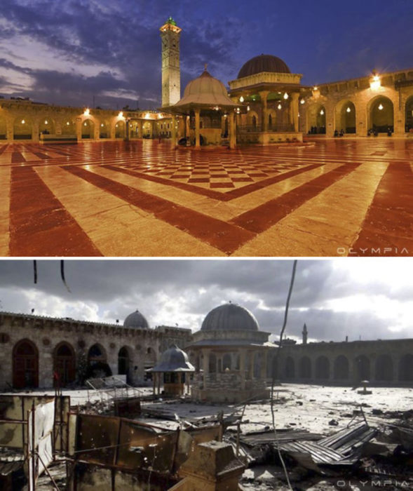 Aleppo, Siria. Una plaza antes de la guerra y ahora