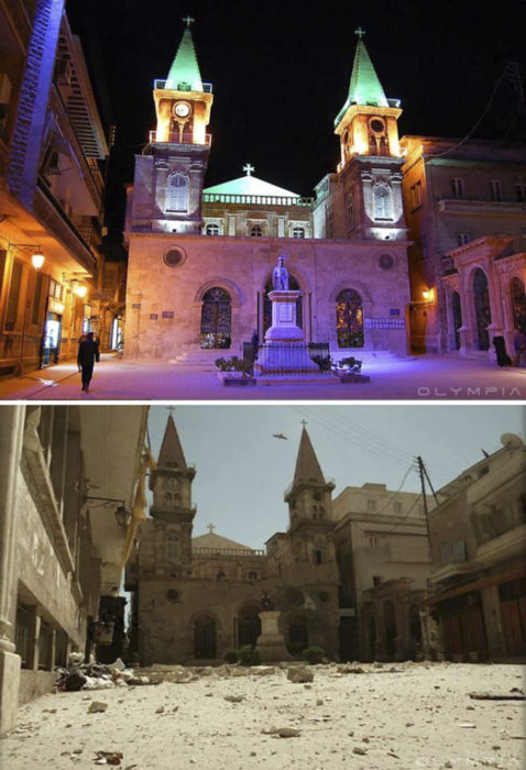 Aleppo, Siria. Fotod e una plaza y una iglesia al fondo completamente destruidas