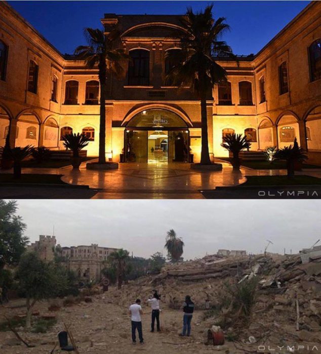 Aleppo, Siria. Foto de un edificio que parece ser como un hotel o algo así y en la otra foto ya no hay nada