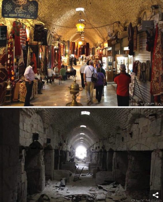 Aleppo, Siria. foto de un mercado antes y después de la guerra